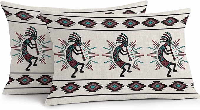 Boho Southwest Waterproof Outdoor Throw Pillow Covers 12''x20'' Pack 2, Aztec Ethnic Native Human Ethnic Plaid Pillow Cases Throw Cushion Cover with Zipper, Washable Pillowcase for Poolside Sofa