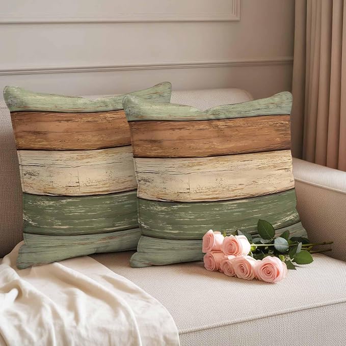 Farmhouse Sage Green Brown Outdoor Waterproof Pillow Covers, Vintage Wooden Striped Decorative Square Throw Pillowcase Sofa Cushion Sham for Patio/Couch/Chair, 16"x16" 2 Pack