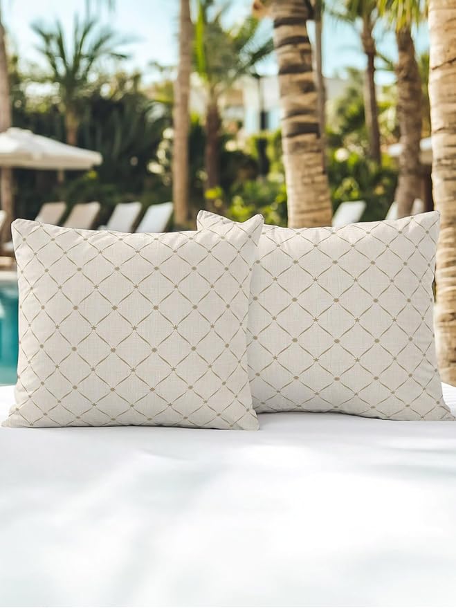 Waterproof Outdoor Pillow Set of 2 Beige Grid Plaid Decorative Throw Pillows Cover & Insert 18x18 Inch Pillowcase Diagonally Crossed Lines Pillows for Couch Sofa Bed Patio Furniture Indoor Outdoor