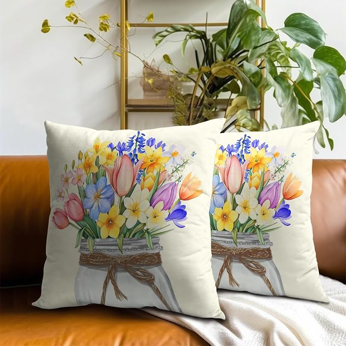 Spring Floral Pillow Covers 16x16, 2Pcs Set Easter Colorful Wildflowers Leaves Mason Jar Nature Seasonal Pillow Cases Soft Cotton Square Cushion Cover for Couch Bed Sofa Home Decor