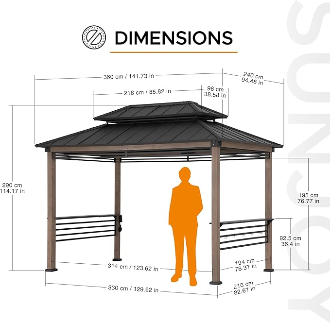 Sunjoy Wooden Grill Gazebo with AC Power Port, 8 x 12 ft. Steel Hardtop Outdoor Cedar Framed Gazebo for Year-Round Grilling, with Built-in Electrical Outlets and Decorative Fence, Brown