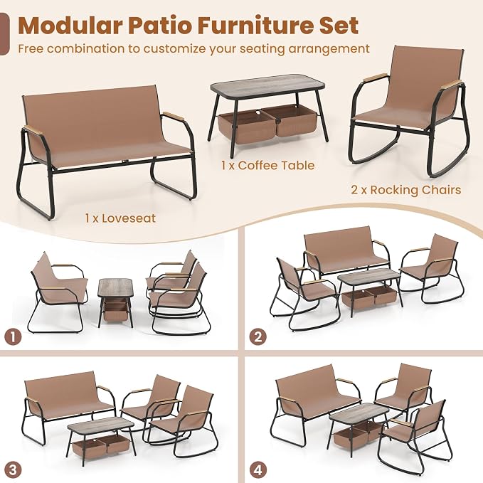 HAPPYGRILL Outdoor Conversation Set with Bistro Rocking Chairs, Loveseat, Storage Coffee Table, Patio Furniture Set with Heavy-Duty Metal Frame, Breathable Mesh Fabric (1)