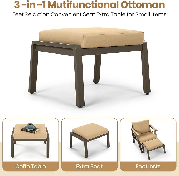 6-Piece Outdoor Patio Furniture Set, All Weather Conversation Set, Steel Frame Sofa Set with 3-Seat Couch, 2 Armchairs, 2 Ottomans & Acacia Wood Coffee Table for Backyard Garden (Brown-3.27)