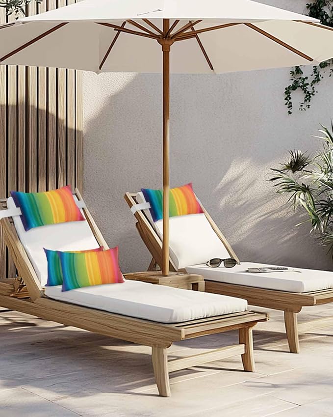 Outdoor Pillows for Chaise Lounge Chair Set of 2 Colorful Stripes Rainbow Waterproof Lumbar Pillows with Insert for Beach Chair,Patio Office,Pool Recliner,Watercolor Line Minimalist Geometric 11x16IN