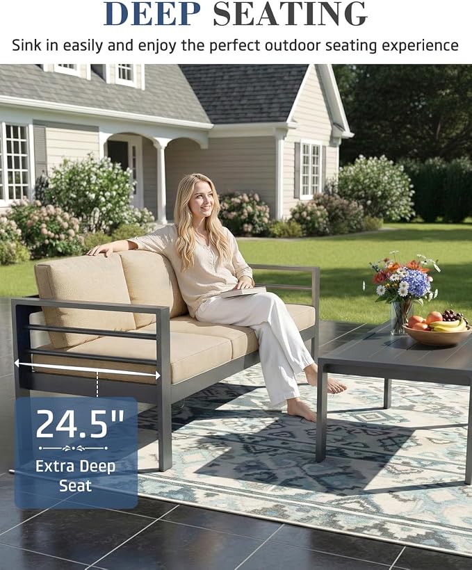 AECOJOY Aluminum Patio Furniture Set, 7 Seats Modern Outdoor Furniture with Coffee Table, 5 Pieces Metal Conversation Sectional Sofa, Beige