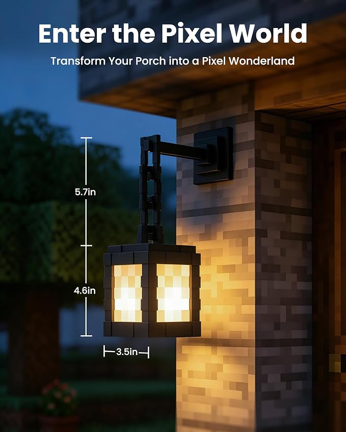Pixelated Solar Lanterns Outdoor Waterproof, USB-C & Solar Hanging Light | 17-Color RGB Table Lamp with Remote & Timer, Decor for Patio Yard Garden Porch & Winter Camping, Gift for Gamers, 2 Pack