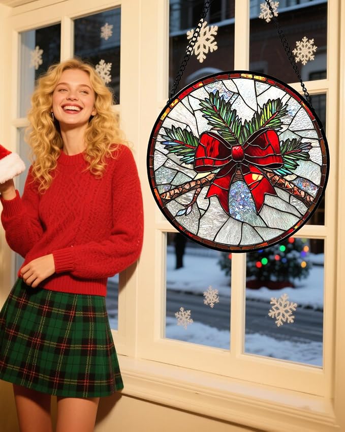 DASTOLL Stained Glass Window Hanging - Pine Branches Red Bow Suncatcher for Doors Home Christmas Decoration Silver Sun Catcher Thanksgiving New Year Birthday Gifts for Women Men Mom Nana 15 in