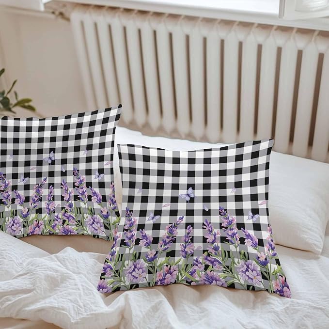 Vandarllin Outdoor Throw Pillows Covers 20x20 inch Set of 2 Waterproof Purple Lavender Flower Decorative Zippered Cushion Covers for Patio Furniture, Butterfly Black Buffalo Plaid Lumbar Pillowcases