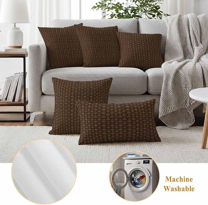 Outdoor Waterproof Throw Pillow Covers Set of 2 Brown Rattan Pillowcases 16x16 Inches Retro Striped Lines Decorative Pillows Cushion Case Patio Pillows for Couch Bed Chair Garden