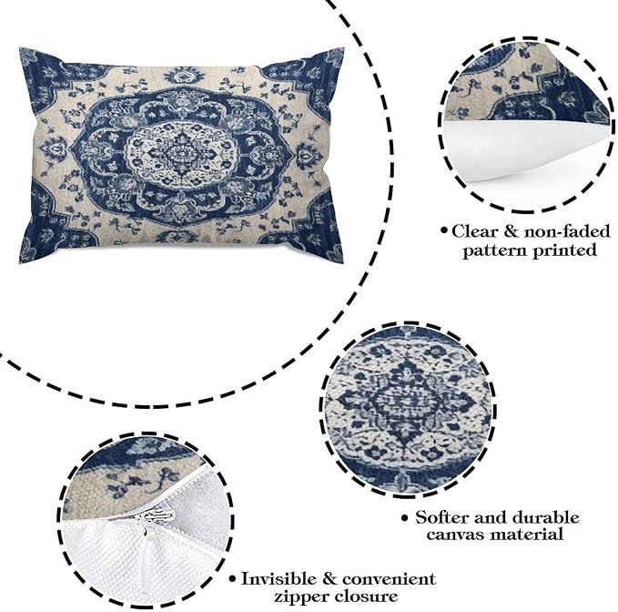 Set of 2 Classical Navy Blue Damask Pattern Pillow Covers 12x18in Farmhouse Canvas Cushion Covers Outdoor for Couch Chair Home Decor for Family Friends
