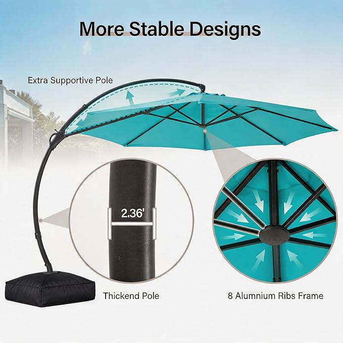 LAUSAINT HOME 11ft Patio Cantilever Umbrella with Base Included, Outdoor Curvy Round Offset Umbrella, Heavy Duty Aluminum, 360° Rotation for Pool, Deck, Lawn, Backyard (Turquoise Blue)