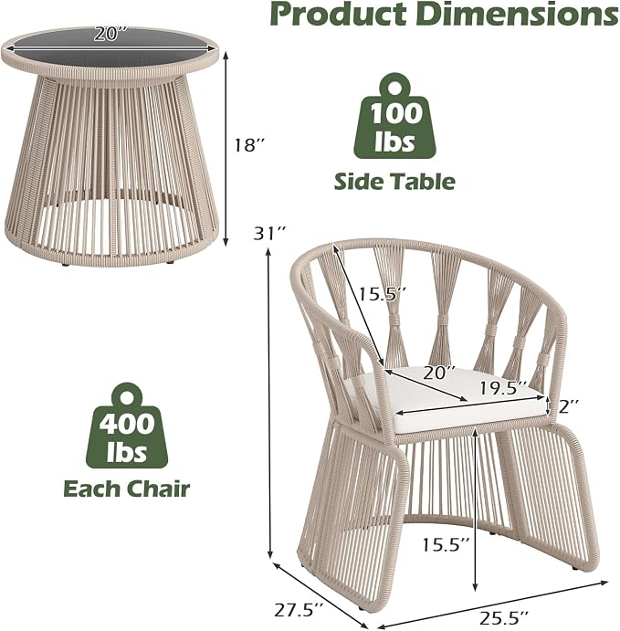 Tangkula 3 Piece Patio Leisure Chair Set, Outdoor Rope-Woven Cushioned Armchairs & Table Set with Tempered Glass Tabletop, for Balcony, Porch, Backyard (Off White)