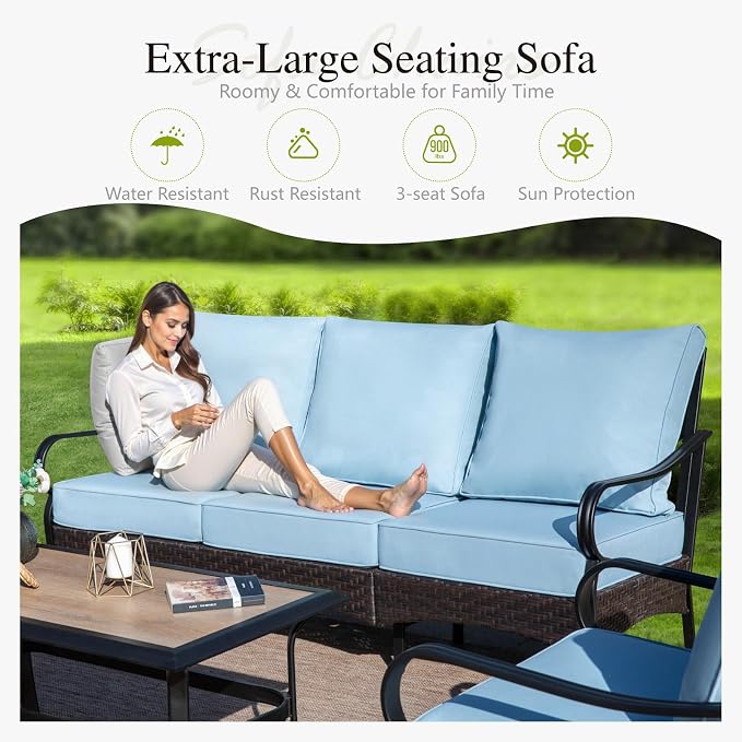 Sophia & William Patio Furniture Set with Fire Pit Table, 4 PCS Metal Outdoor Conversation Set with Fire Pit Table, 2 Sofa Chairs,3-Seater Couch for Outdoor Seating, Backyard, Porch(Blue)