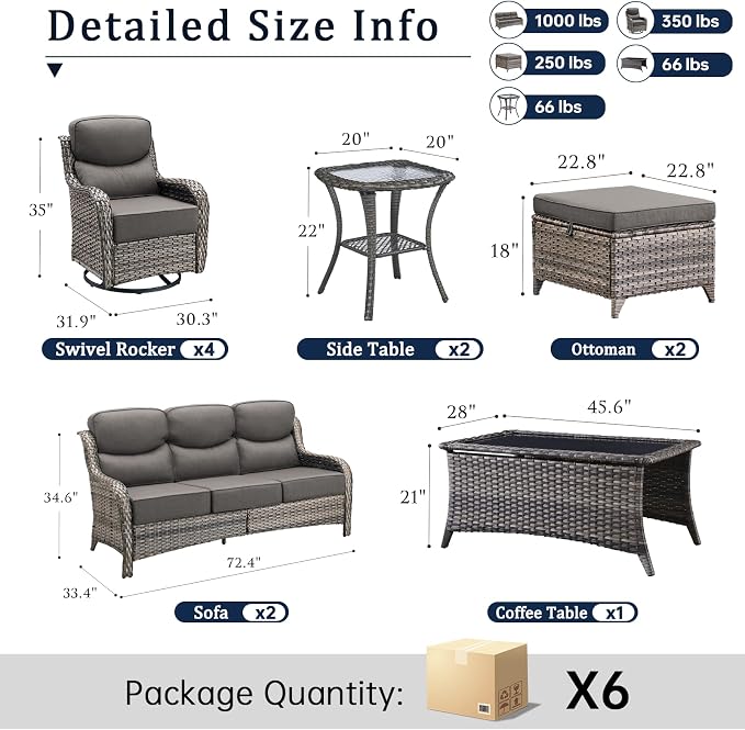 Luxury 6" Thick Cushion 11 Pieces Wicker Patio Furniture Set with High Back Swivel Rocker Chairs of 4, Outdoor Conversation Set with Patio Couch for Deck Porch Yard and Poolside