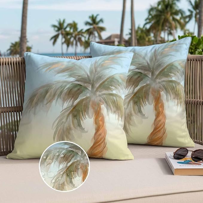 Yukro Summer Palm Tree Outdoor Waterproof Pillow Covers Pack of 2, Coastal Tropical Plant Watercolor Texture Throw Pillowcases Decorative Cushion Covers for Garden Patio Tent Sofa Couch, 20x20 inch