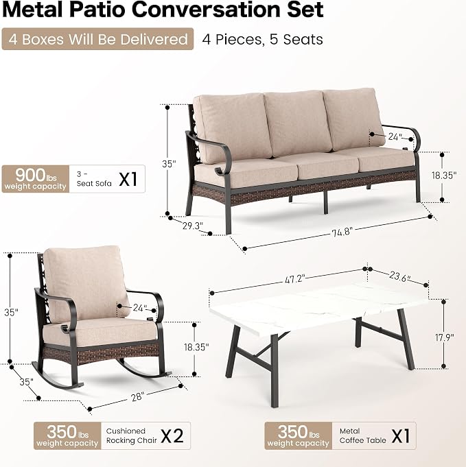 SUNSHINE VALLEY 4 PCS Metal Outdoor Patio Furniture Set, Patio Conversation Sets 1 3-Seater Sofa, 2 Rocking Chairs with 5.75" Extra Thick Cushion & Coffee Table, Black Frame Backyard Furniture, Beige