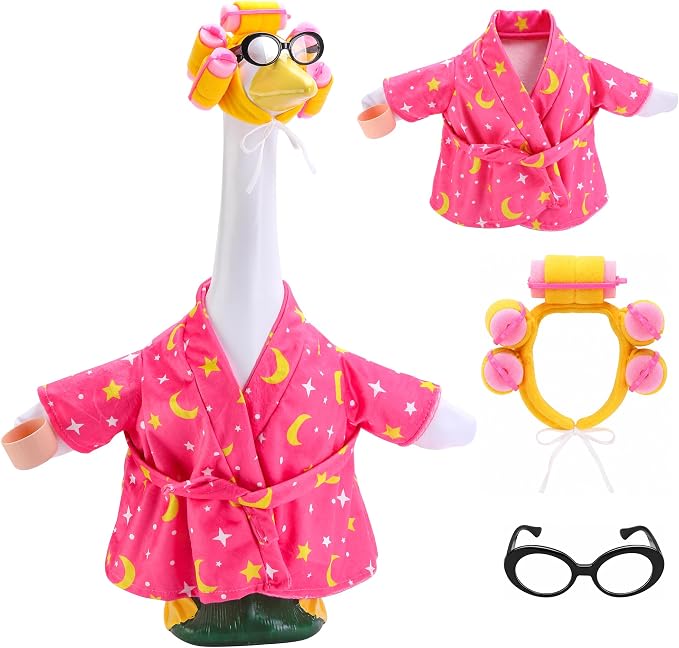 DECOHS 4 Pcs Bathrobe Porch Goose Outfit, Lawn Goose Statue Costume with Star and Moon Print, Yard Goose Bathrobe Curlers Glasses Cup Outfit for 23" Statue Patio Garden Decoration (Pink)
