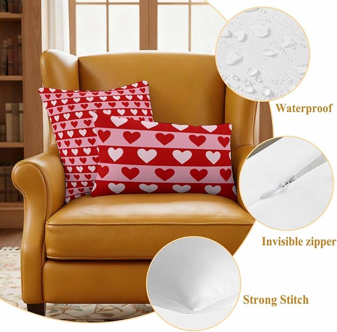 Outdoor Waterproof Throw Pillow Covers, Valentine's Day Decorative Pillow Cases, Romantic Pink Red Love Heart Stripes Couch Pillow Protector Patio Sofa Cushion Covers Replacement 20"x12" 2 Pack