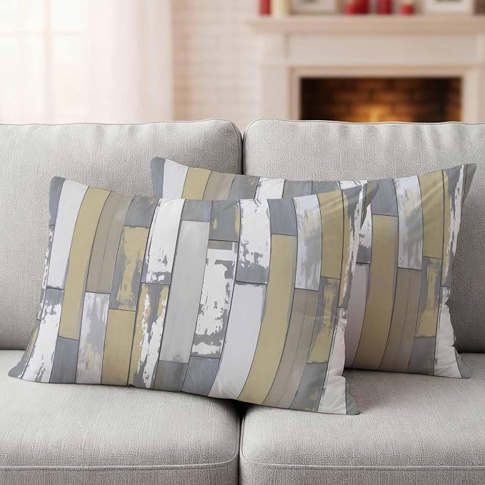 Yellow Gray Outdoor Pillow Covers 20x12 Inch Lumbar Pillow Covers Set of 2 Waterproof Decorative Throw Pillow Cases Rustic Vintage Shabby Mottled Wood Grain Cushion Covers for Patio Furniture Garden