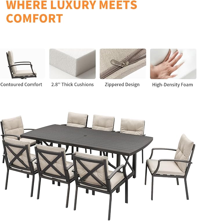 9 Pieces Outdoor Patio Dining Set, Never Rusts Aluminum Patio Table and Chairs Set, 8 Person Outdoor Dining Table Set Patio Furniture Set for Garden, Backyard, Deck, Gunmetal