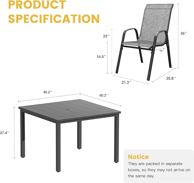 VICLLAX Patio Dining Set for 4, All Weather 5-Piece Patio Set-40.2" Square Outdoor Table and 4 Stackable Chairs for Lawn Garden and Backyard,Grey Tabletop