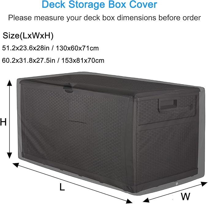 Deck Box Cover 420D Outdoor Patio Waterproof Oxford Fabric Coated with Silver Dustproof Deck Storage Box Protector with Elastic Buckles on All 4 Corners Wheels Protect from Wind Rain Snow Black