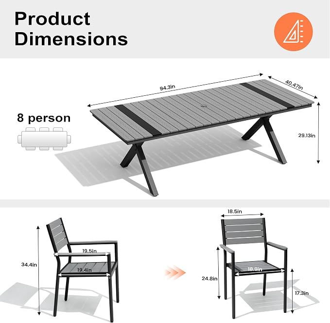 Pellebant Outdoor Dining Set for 8, 9 Pieces Aluminum Patio Table and Stackable Armrest Chairs with Umbrella Hole & Wood-Like Top, Grey