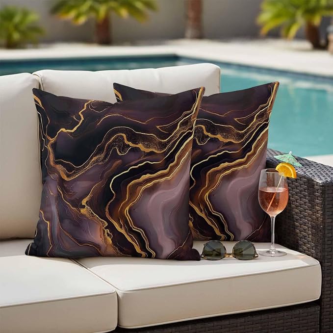 Abstract Marble Texture Outdoor Waterproof Throw Pillow Covers Set of 2, 26"x26", Purple Gold Waves Art Decorative Pillow Covers Outside Cushion Case for Patio Porch Garden