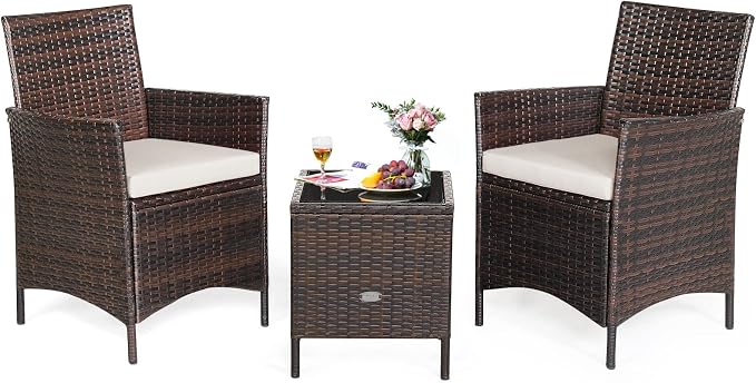 Tangkula 3-Piece Patio Conversation Set, Wicker Chairs with Glass Top Square Coffee Table & Cushions, All-Weather Outdoor Rattan Furniture Set for Garden Backyard Balcony Poolside (White)