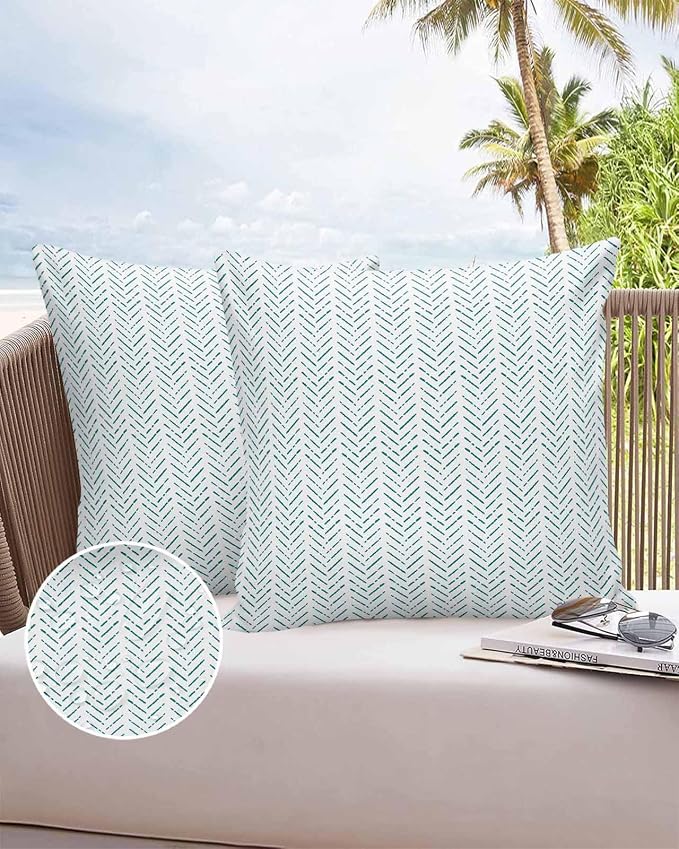 Vandarllin Outdoor Throw Pillows Covers 26x26 inch Set of 2 Waterproof Teal Stripes Decorative Zippered Cushion Covers for Patio Furniture, Modern Art Lines Lumbar Pillowcases