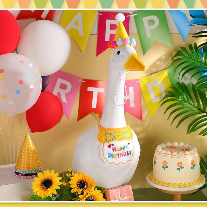 Abbylike Happy Birthday Goose Outfit Lawn Porch Goose Outfits with Party Hat Bandana for 23" 17" Cement Plastic Duck Decor(Yellow)