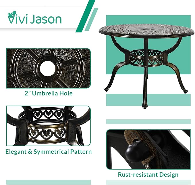 VIVIJASON 5-Piece Outdoor Patio Dining Set, All-Weather Cast Aluminum Conversation Set, Patio Furniture Set for Backyard, Include 4 Swivel Chairs, 38.5" Round Table w/Umbrella Hole, Navy Blue Cushion