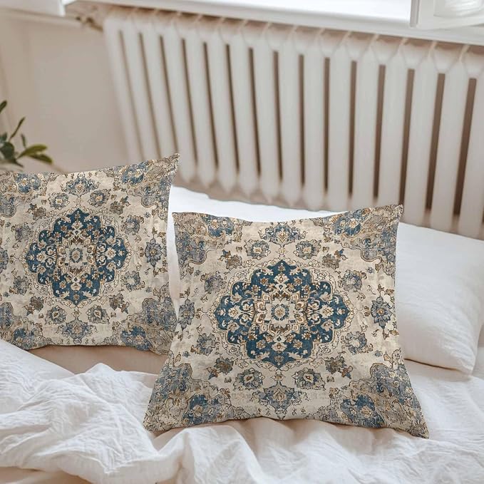 Throw Pillow Covers 20x20 Inch Set of 2, Blue Brown Boho Waterproof Outdoor Pillow Covers, Ethnic Vintage Southwestern Geometric Decorative Cushion Pillowcases for Couch, Sofa, Bed, Garden, Patio