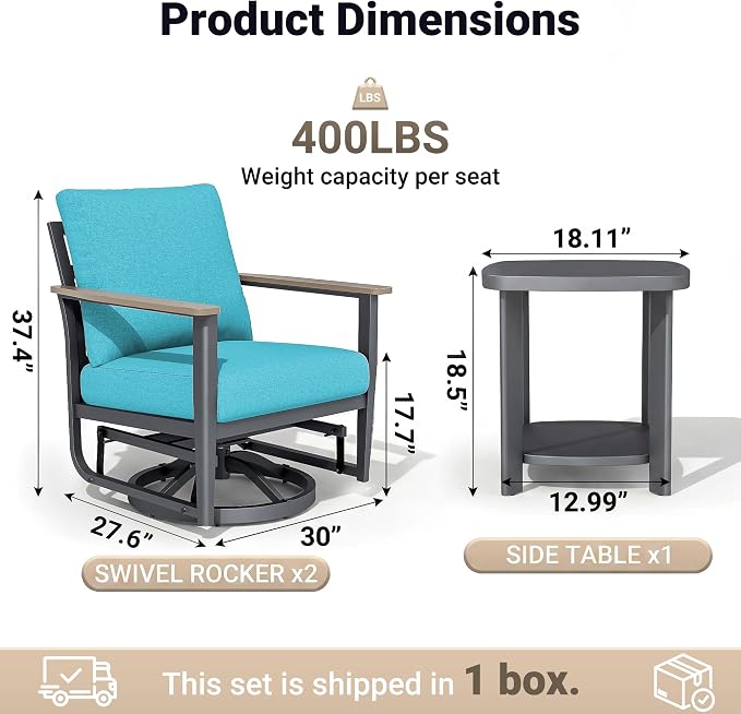 Aluminum Swivel Rocking Chairs, 3-Piece Outdoor Patio Furniture Set with Side Table, Rust-Proof Metal Gliders with Wood-Like Armrests & 5.1" Thick Cushions for Backyard, Porch, Blue