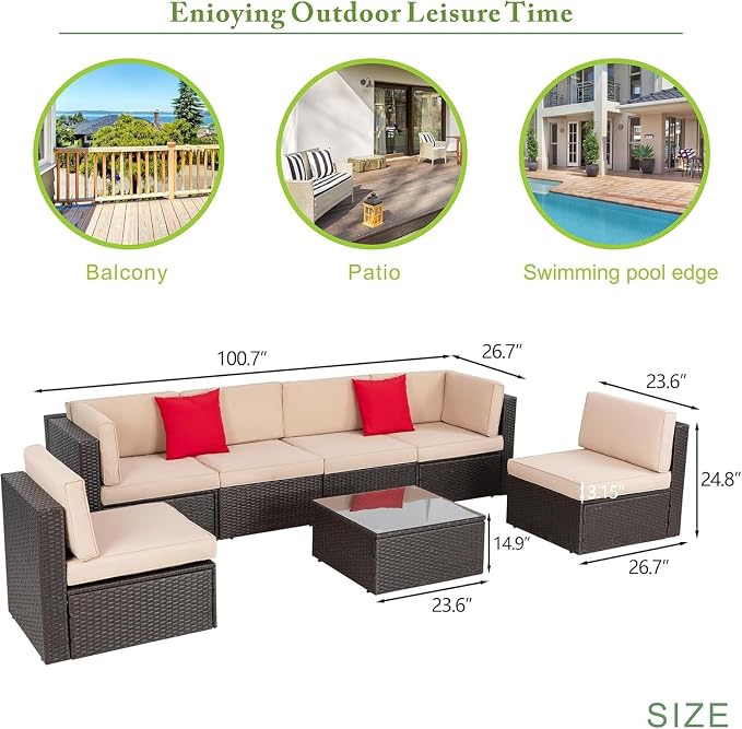 7 Pieces Outdoor Patio Furniture Set with Cushions, PE Manual Weaving Rattan Sectional Sofa, Glass Table Included, Weather Patio Conversation Set for Garden Backyard Deck(Blue)