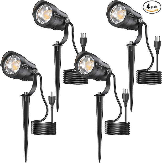 HIBOITEC 12W Plug in Outdoor Landscape Lights 4 Pack, 2900K 36° True COB LED Spotlight, ETL Listed Waterproof Uplights with Aluminum Stake for Tree Yard Driveway, No Transformer Needed