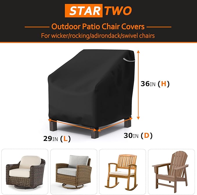 STARTWO Patio Outdoor Chair Covers 2 Pack, Outdoor Furniture Covers Waterproof adapter for Lawn Lounge Seat, Wicker, Swivel, Adirondack,Rocking Chairs, 29"W x 30"D x 36"H inch, Black