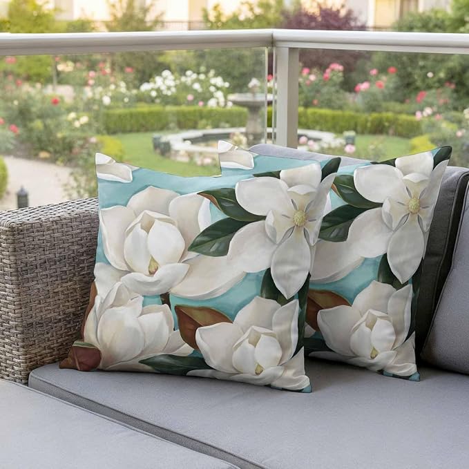 Outdoor Pillow Covers Waterproof, Close-up Blooming White Magnolia with Green Leaves All Weather Cushion Case Set of 2, Oil Painting Flower Decorative Pillowcases for Sofa Patio Furniture 20"x20"