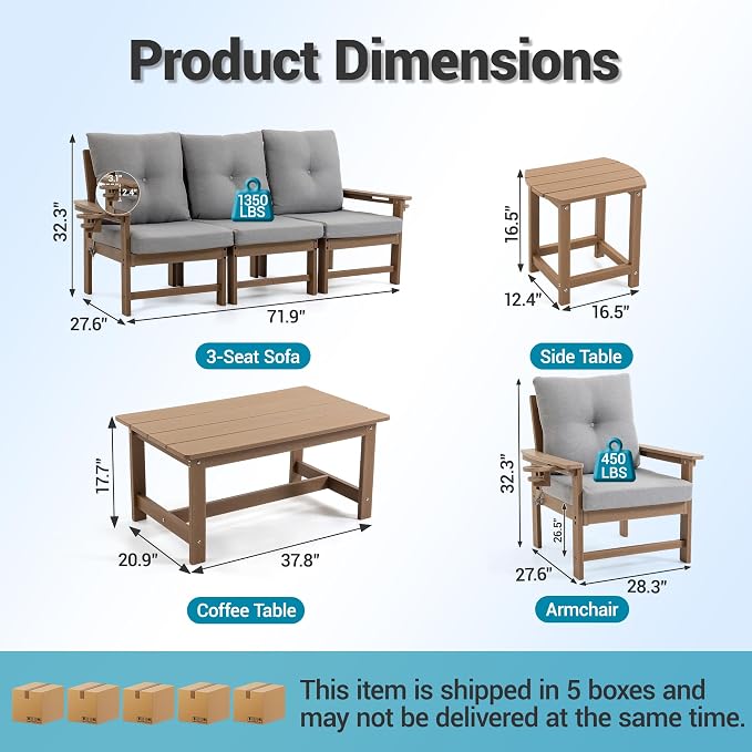 HDPE 7 Piece Patio Furniture Set, Outdoor Sectional Sofa with Coffee Table, Side Table and Seat Cusions, Patio Conversation Set for Party, Backyard, Porch, Deck, Poolside, Brown & Grey
