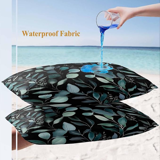 Lumbar Pillow Covers 20x12 Inch Set of 2, Teal Black Botanical Waterproof Outdoor Pillow Covers, Spring Eucalyptus Leaves Greenery Decorative Cushion Pillowcases for Couch, Sofa, Bed, Garden, Patio