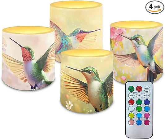 Vintage Flower Hummingbird 3 inch Flameless LED Candles with Remote Timer Set of 4 Home Decorative Realistic Flickering Flameless Candles with Battery Operated