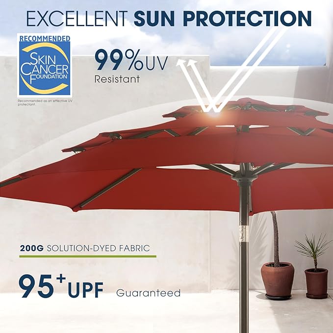 wikiwiki 9ft 3-Tier Patio Umbrella Outdoor Table Market Umbrella for Patio with Push Button Tilt/Crank, Fade Resistant Waterproof POLYESTER Canopy for Garden, Lawn, Deck, Backyard & Pool, Red