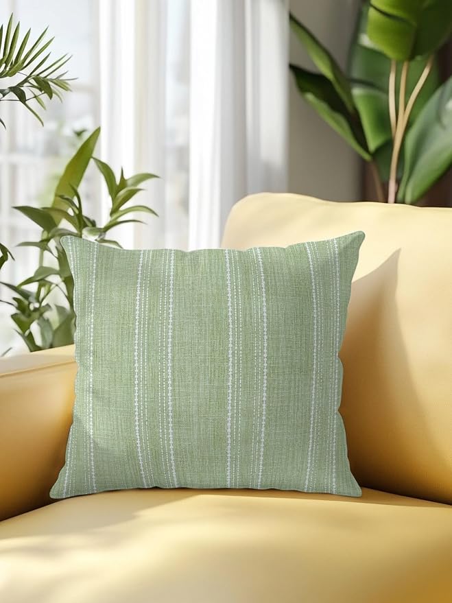Vandarllin Waterproof Outdoor Pillow 1 Pack Olive Green Linen Stripes Decorative Throw Pillows Cover & Insert 18x18 Inch Pillowcase Parallel Vertical Lines Pillows for Couch Sofa Bed Patio Furniture