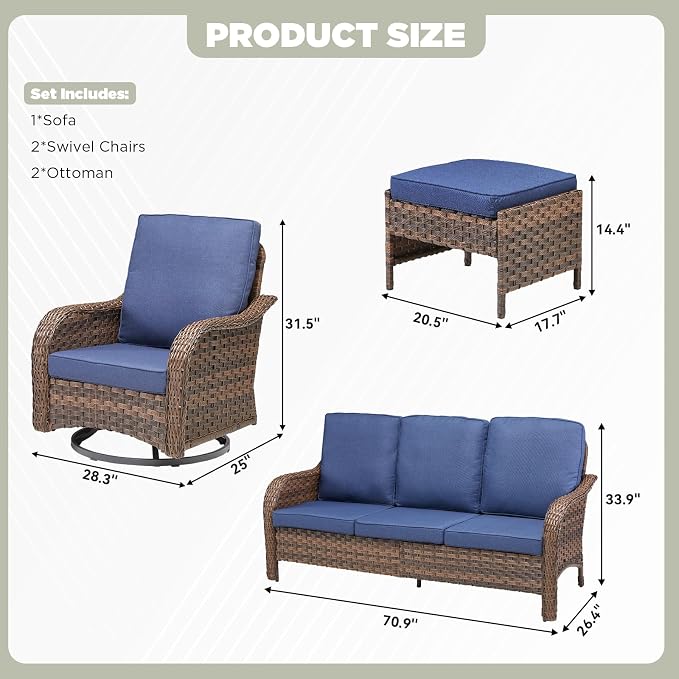 5 PCS Patio Furniture Set, Outdoor Wicker Sofa & 2 Swivel Rocking Chairs with 2 Ottomans, 4-Inch Thick Olefin Cushions, 300 lbs Capacity Rattan Conversation Set for Porch, Backyard, Blue
