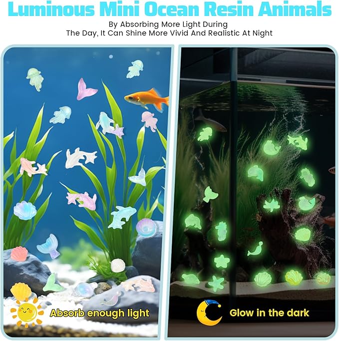 300pcs Luminous Mini Ocean Resin Animals Tiny Resin Sea Animal Figurines To Hide Variety Marine Plastic Animals Aquarium Ornaments for Dollhouse Miniatures DIY Fish Tank Fairy Garden Micro Landscaping