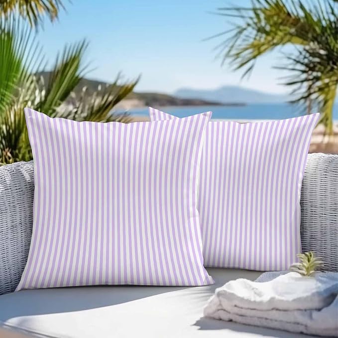 Throw Pillow Covers 18x18 Inch Set of 2, Purple White Stripe Waterproof Outdoor Cushion Covers, Modern Minimalist Geometric Striped Decorative Pillowcases for Couch, Sofa, Bed, Garden, Patio