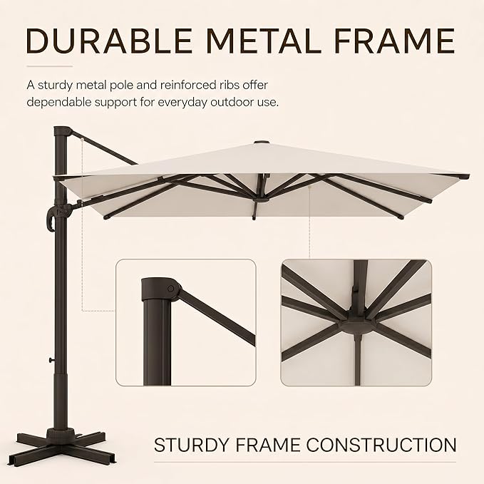 Kingdura 8' X 8' Cantilever Patio Umbrella with Base Included, Large Square Outdoor Offset Umbrella with 360-degree Rotation, 4 Position Tilt, UV Protection for Pool Deck Garden Patio (Cream white)