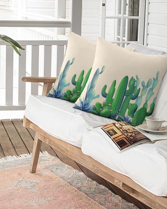 Outdoor Waterproof Throw Pillows Cactus Summer Green Succulent Patio Pillows Pack of 2,Decorative Pillow Covers with Insert,Pillow Cushion Case for Indoor Garden Couch Sofa Desert Tropical Plant