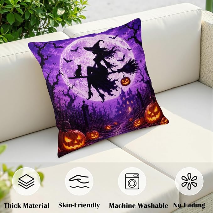 Purple Halloween Pillow Covers 16x16 Set of 2 Full Moon Night Castle Witch Throw Pillow Covers Bat Jack-O-Lantern Decorative Pillowcase for Couch Sofa Indoor Outdoor