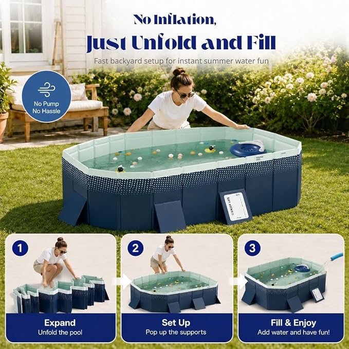 Large Foldable Pool, Non Inflatable Pool with 4-Layer Composite PVC, Sturdy Triangular Support Boards, Double Drains, Foldable Outdoor Pool for Backyard Kids & Adults, 5 Sizes